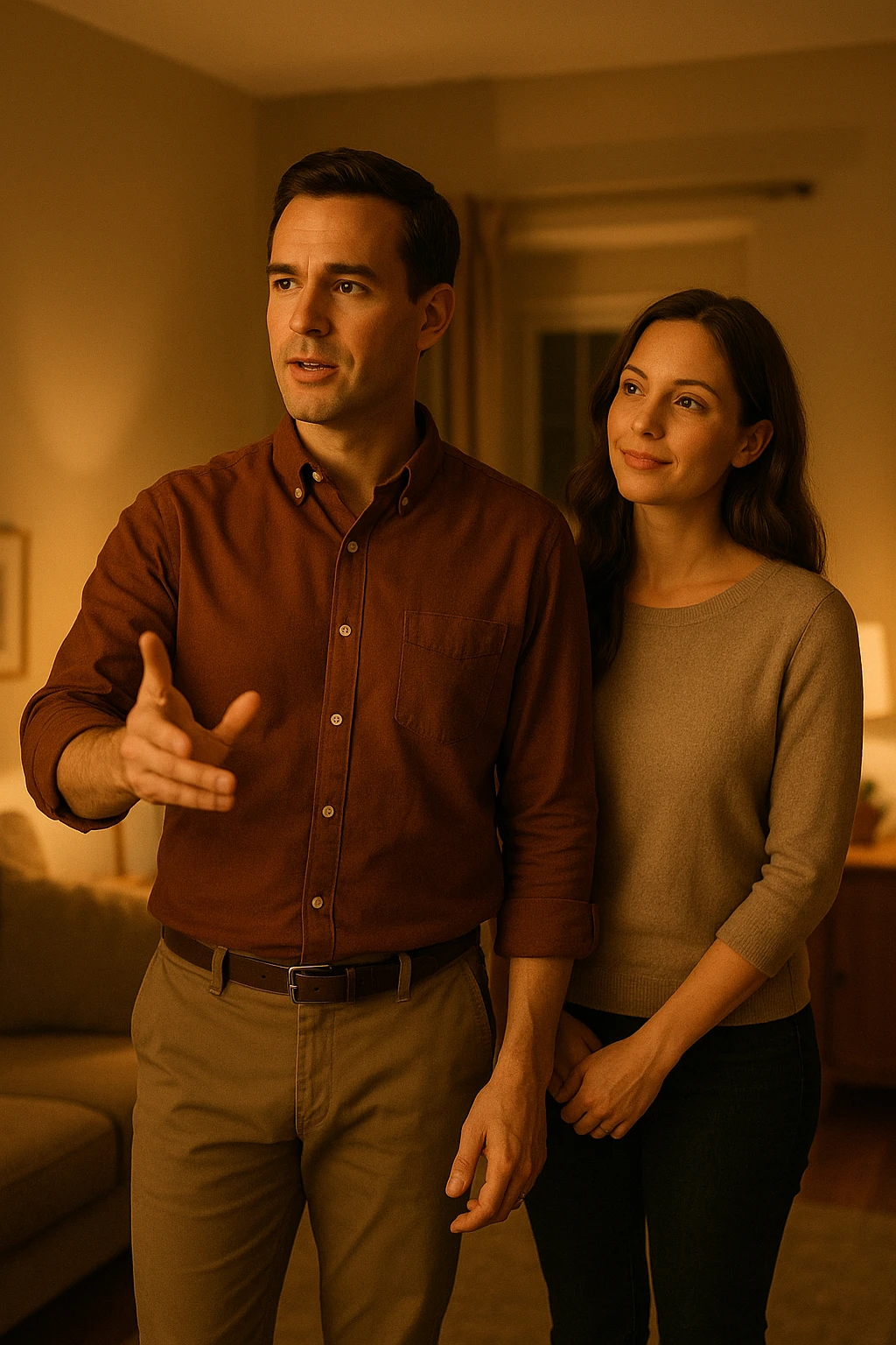 a woman stands slightly behind a man in a domestic setting, looking at him con fiducia e attesa. Il man is upright, with a confident and decisive posture, gently gesturing as if giving direction. The woman’s body language is relaxed and receptive, showing that she trusts and follows his lead. The background is warm and softly lit, emphasizing the couple’s dynamic. emoji