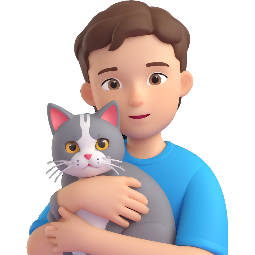 boy and cat pet in forrest background, close up pose emoji