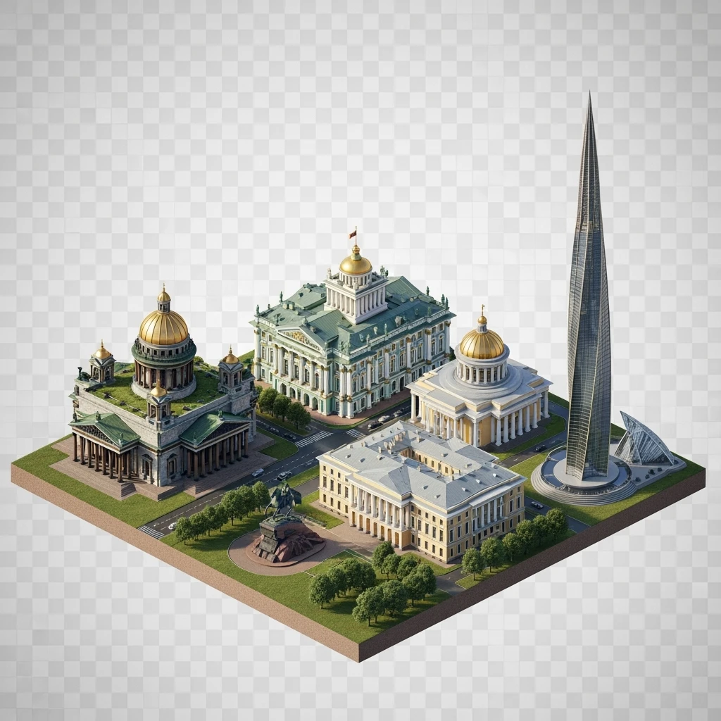 Изометрическая иллюстрация-модель фотореалистичного Санкт-Петербурга с акцентом на Исаакиевский собор, Зимний дворец, памятник Петру I, Адмиралтейство, здание Сената, башня Лахта-центр баланс между стилизацией и реализмом, эффект рисованной миниатюры Tift shift, прозрачный фон. emoji
