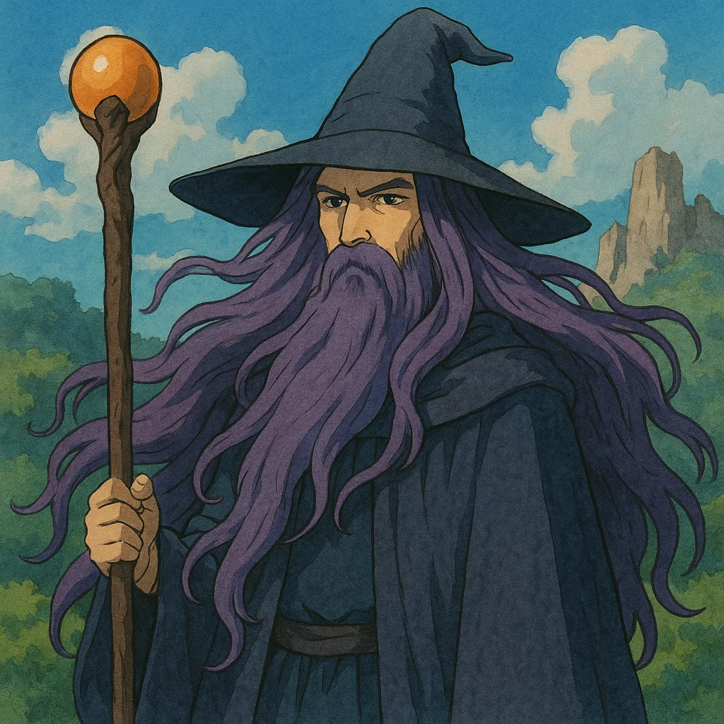 mysterious wizard with long flowing purple hair, holding a staff, fantasy illustration style emoji