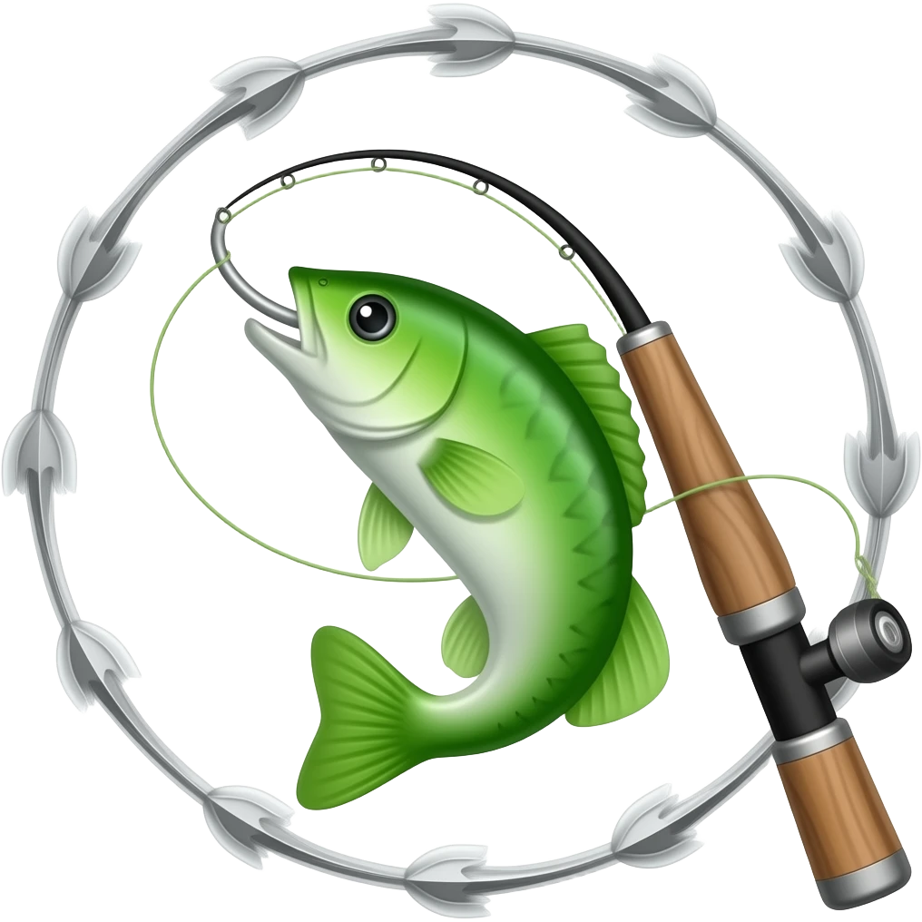 a fishing rod with a bass on the end of the hook and arrows going in a circle around the fish emoji