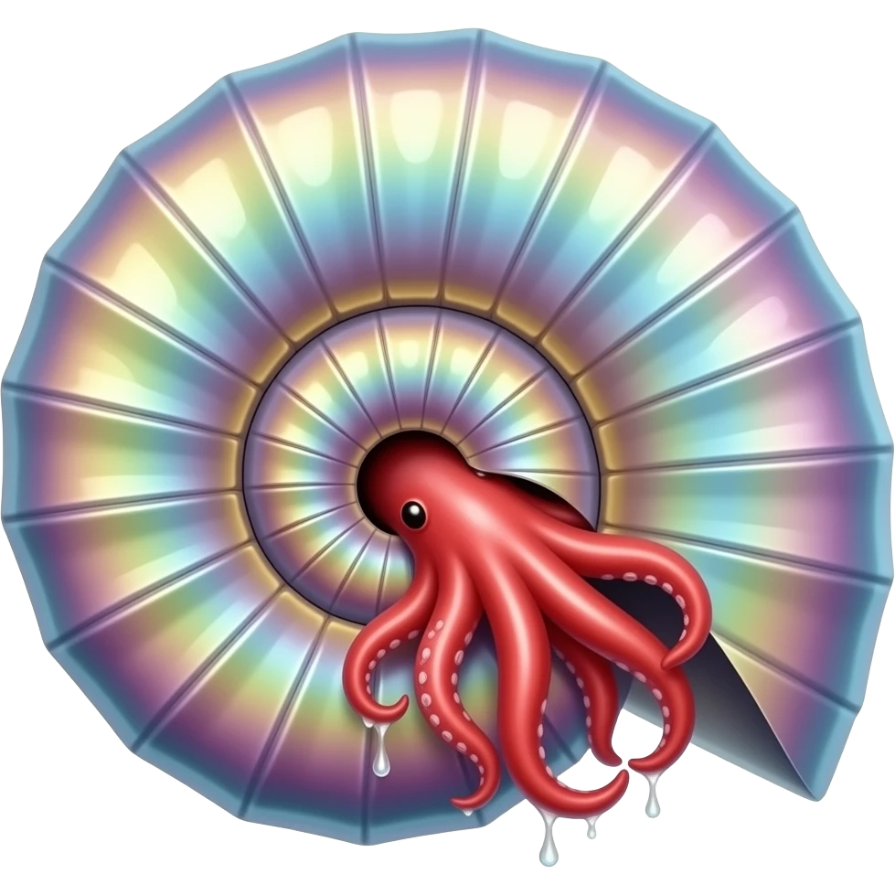 iridescent ammonite shell with red squid tentacles coming out the large opening emoji