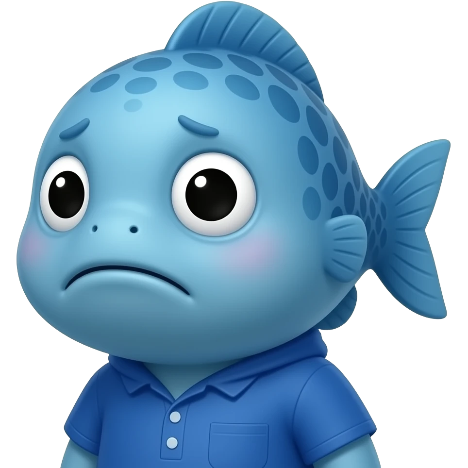 A little blue fish shaped like a human dressed in blue from head to toe, looking at us with a very sad face. emoji