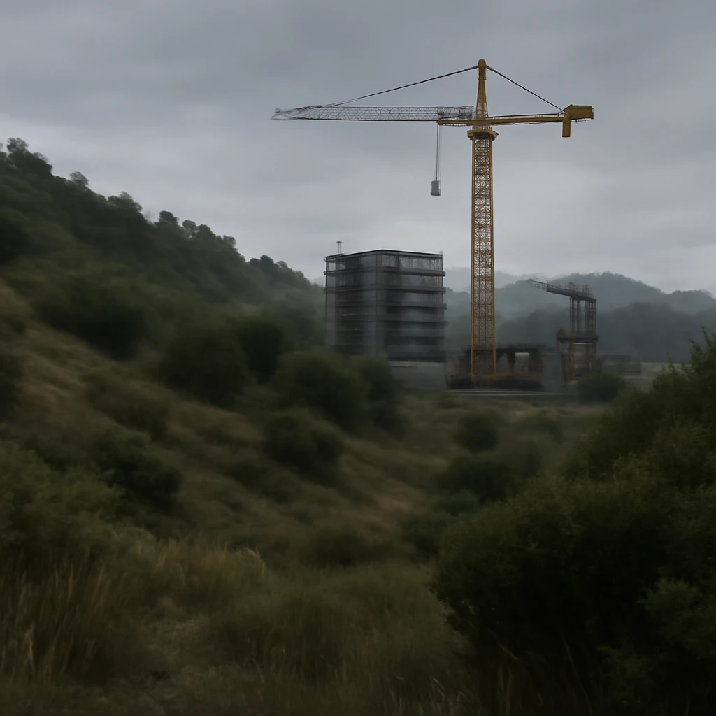  a scene amongst hills and bushes in the game DAYZ with a construction site and tall yellow crane in the background, screenshot, overcast day, videogame graphics, enfusion engine, arma 2 emoji