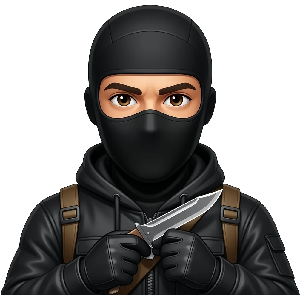 Spanish Man brown eyes wearing all black in balaclava hood and gloves with karambit emoji