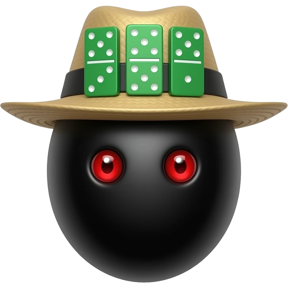 um ovo preto com 2 olhos vermelhos com chapeu  com 3 dominos verdes no chapeu emoji