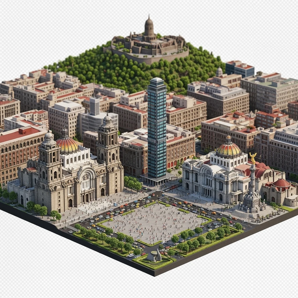 Isometric diorama of Mexico City iconic landmarks: Zócalo square with Metropolitan Cathedral, Palacio de Bellas Artes, Torre Latinoamericana, Chapultepec Castle, and Angel of Independence, atmosphere of the city 3D miniature effect and Tilt Shift effect, no cartoonish look, transparent background. emoji
