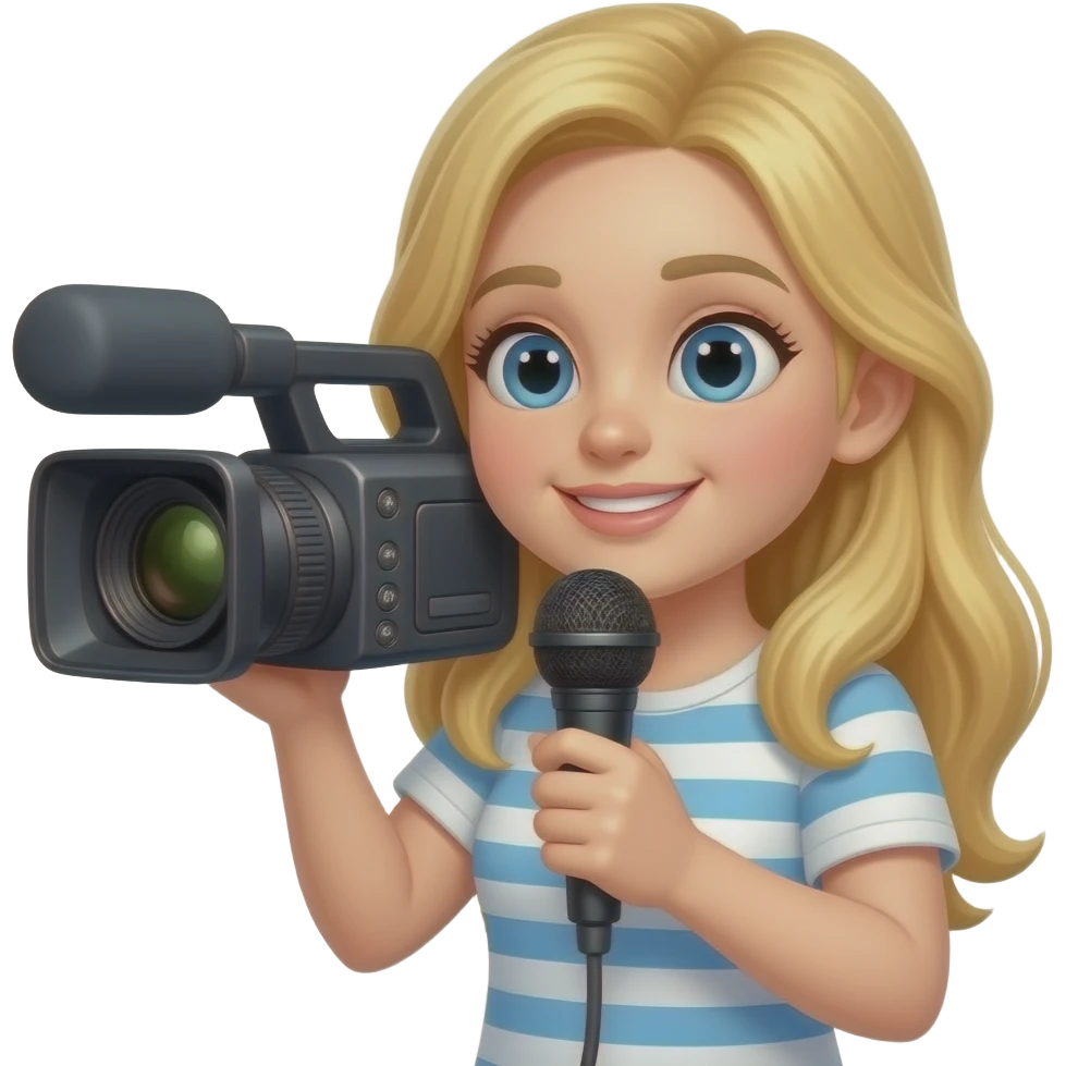 quiero una chica blanca rubia​ que aparezca con uva camara de televisión y un micrófono con antipop emoji