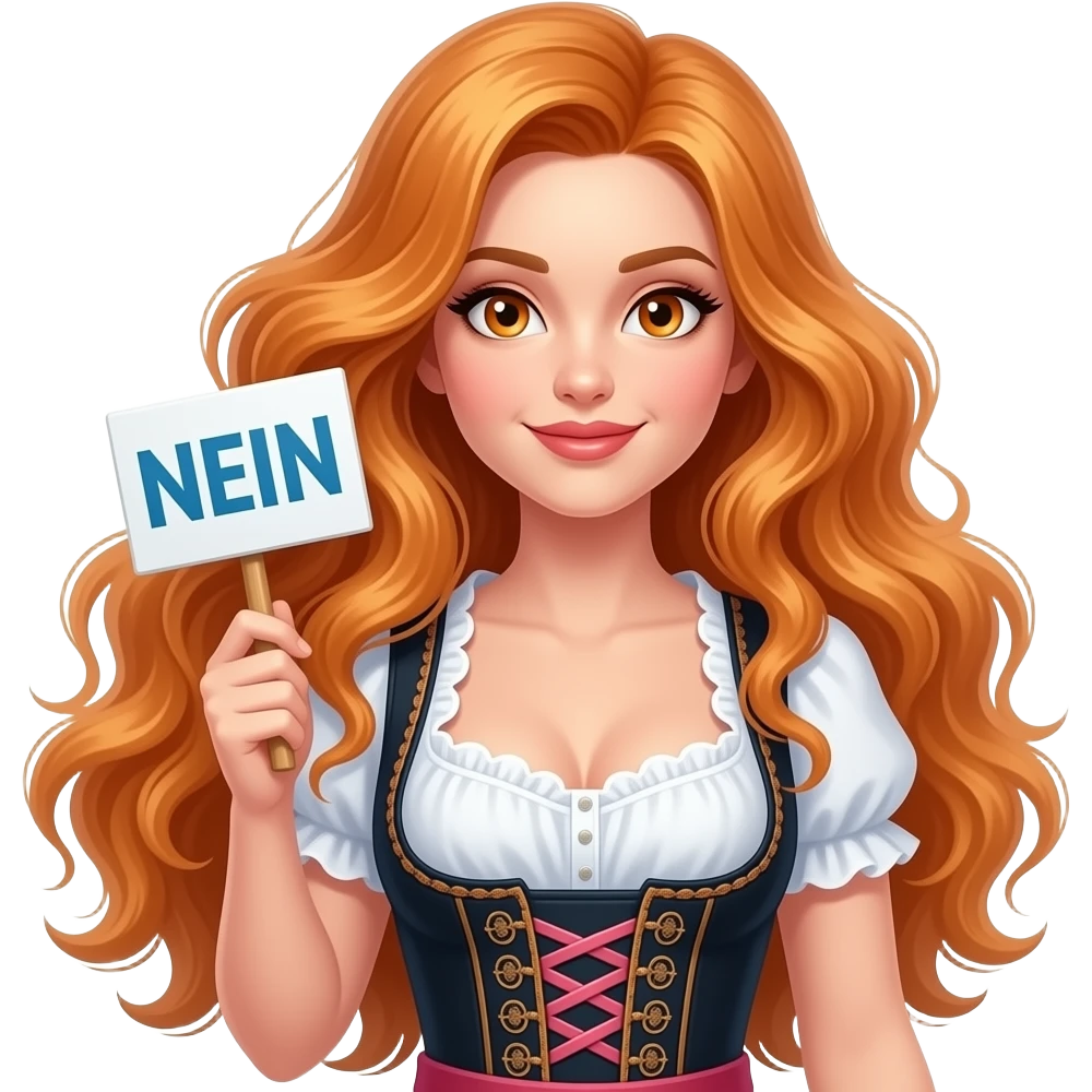 sexy girl with overlong ginger hair and ginger eyes wearing a dirndl holding NEIN sign emoji