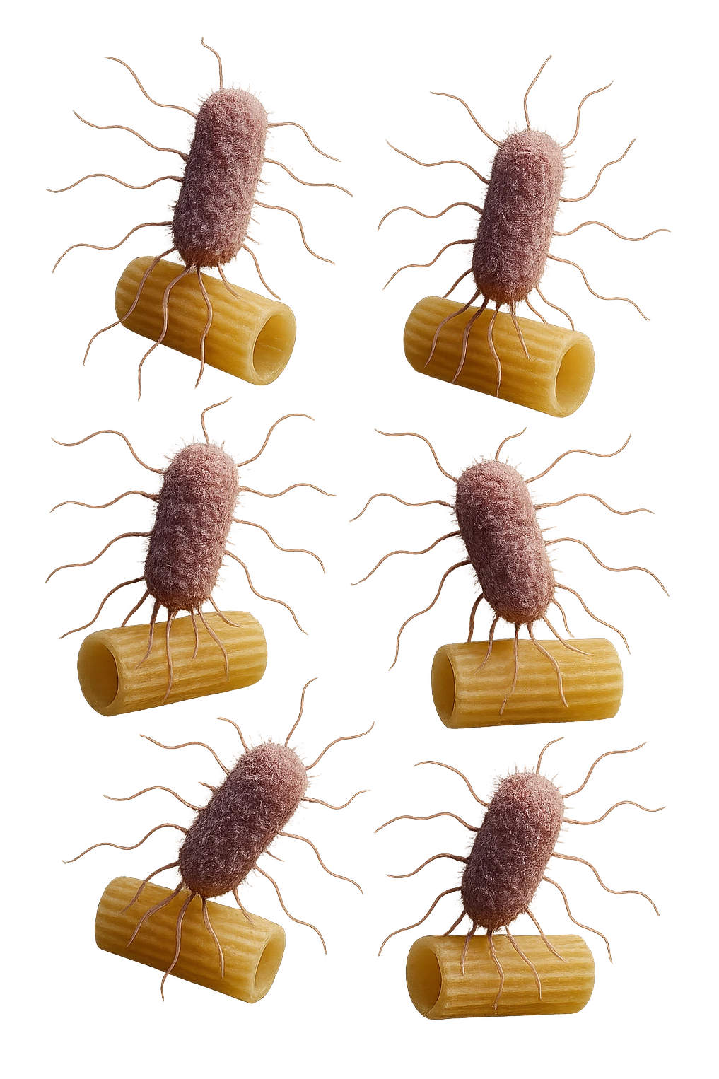 SEI BATTERI intestinALI FLUTTUANO IN ARIA CON PENNE DI PASTA RIGATE, IPERREALISTICO 4K emoji