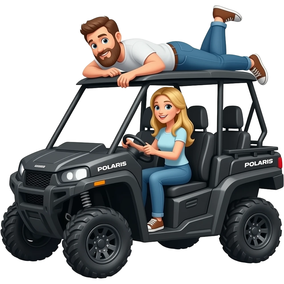 Black 4 door sxs Polaris ranger atv  dad with beard laying on top being silly and blonde long hair mom driving emoji
