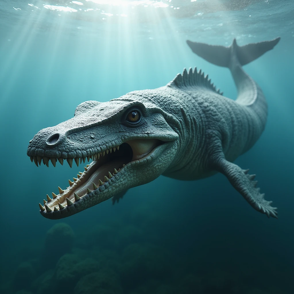 Pliosaurus funkei, a giant marine reptile with a massive head, long jaws, and short neck, swimming in prehistoric ocean, realistic details emoji