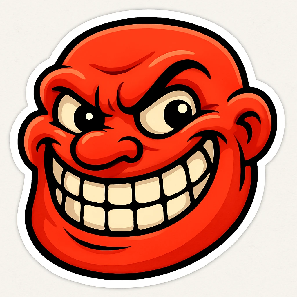 Create a bold, exaggerated troll face with a mischievous grin, vibrant colors, and a playful cartoon style inspired by the provided reference. emoji