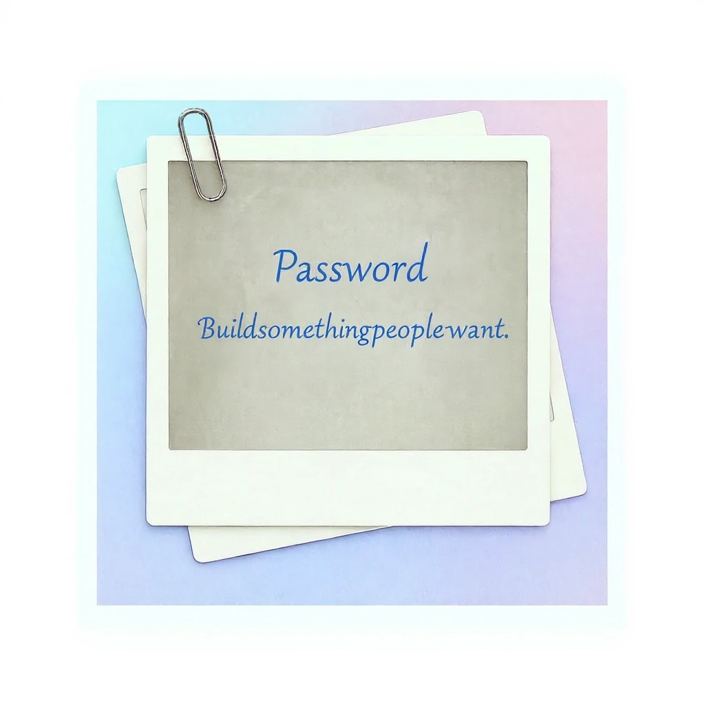 Remove any white lettered 'Network' text from inside the polaroid frame. Place the word 'Password' in blue cursive above the text 'Buildsomethingpeoplewant', which should also remain in blue cursive. Do not add any other images or decorations. Keep the background and frame unchanged. emoji