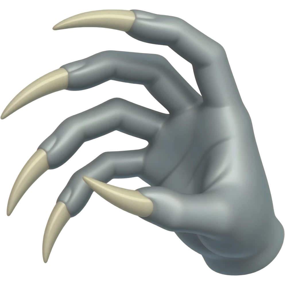 Demonic dark silver hand with long sharp dark ivory color claws attacking. Shift the perspective to a side profile to show the curvature and length of the claws more clearly. emoji