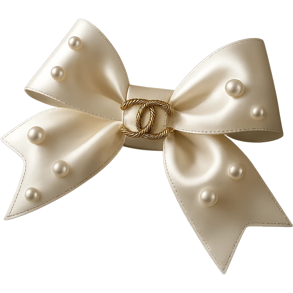 Add a solid black background behind the elegant bow with pearls and gold Chanel logo, glossy, soft lighting, realistic style with soft reflections and highlights on the bow and pearls. emoji