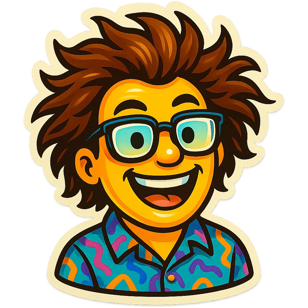 Create an emoji based on this person's appearance, focusing on the wild hair, glasses, and patterned shirt. Use a fun, expressive style suitable for emoji, in a retro stickers style. emoji