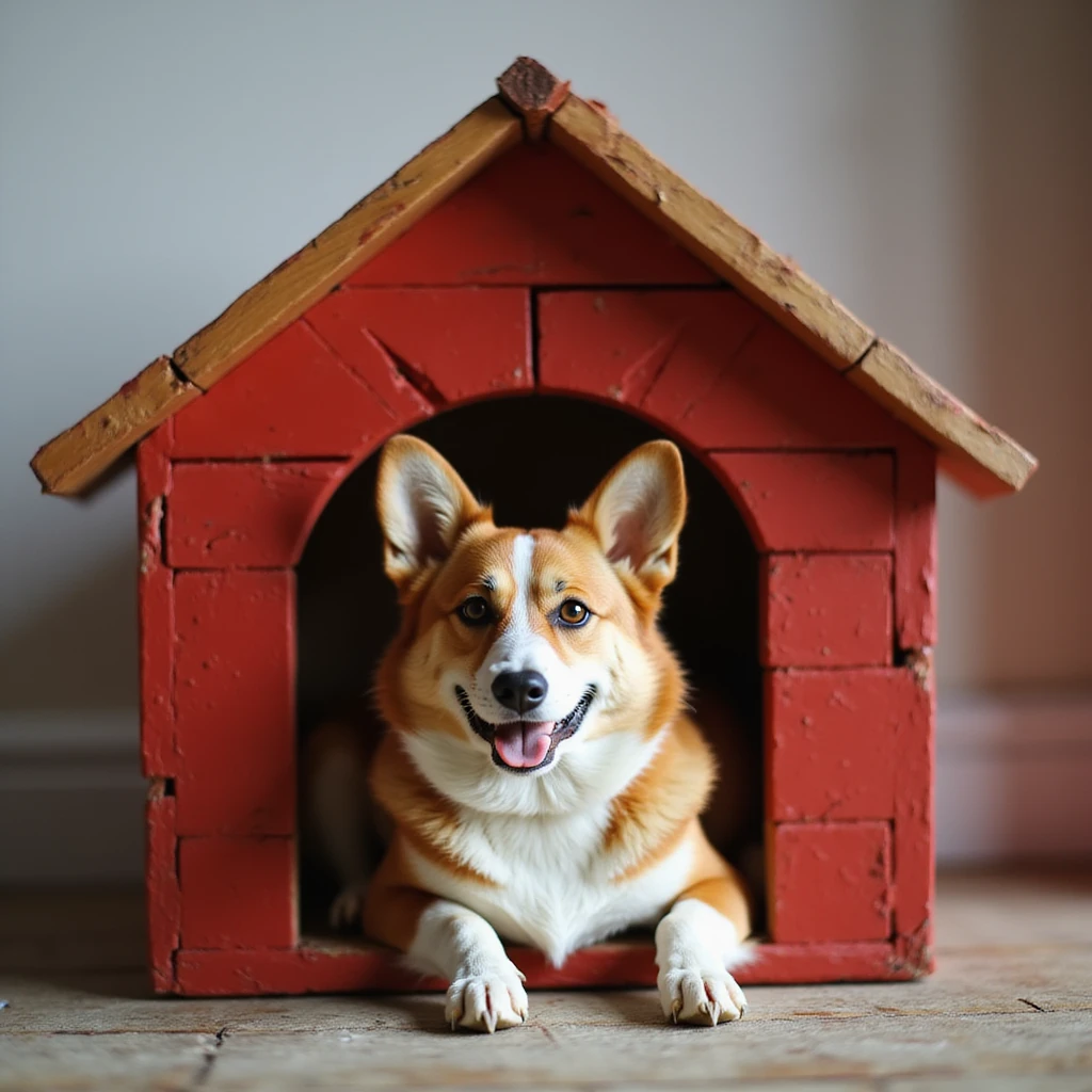 realistic red dog house with a Corgi dog inside, Corgi lying down, photorealistic style emoji