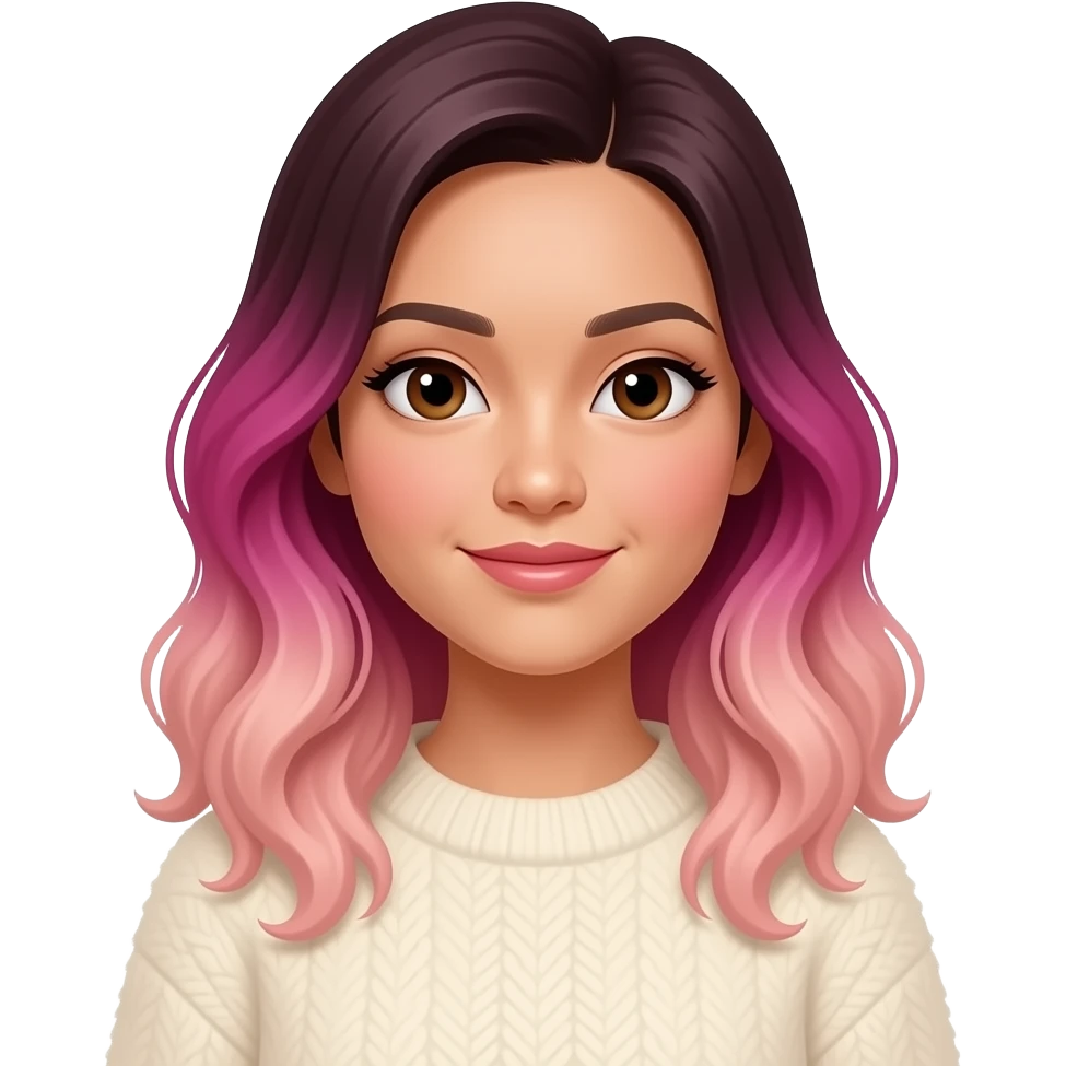 light-medium skinned vietnamese woman with dark brown eyes with slightly wavy ombre hair that is magenta at the top fading to light pink at the bottom, wearing a cream fluffy sweater emoji