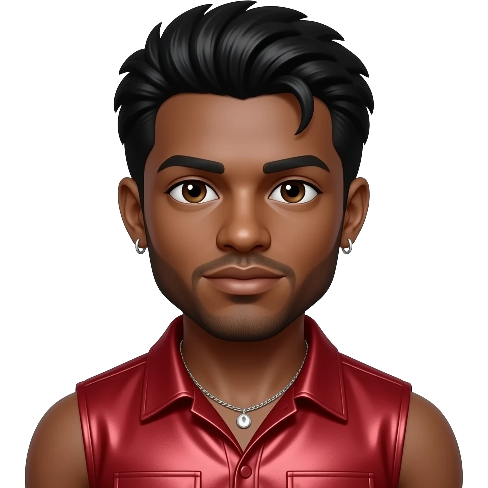 King Combs with dark brown eyes, black hair, red metallic sleeveless shirt, necklace and earrings emoji