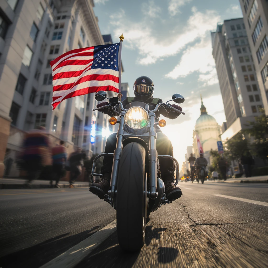 biker with flag anf bomber jacket on bike emoji