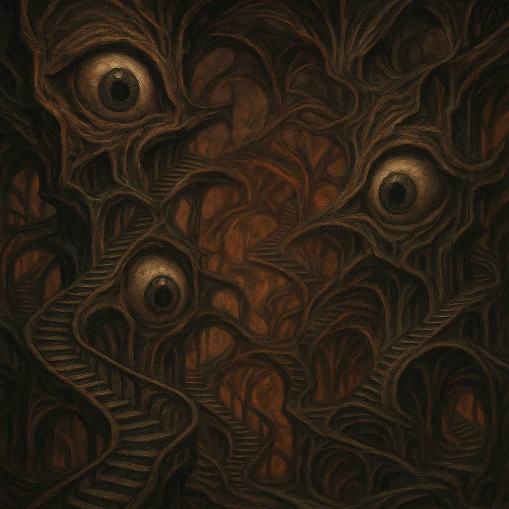 a surreal hell with twisted staircases, giant eyes, and warped architecture emoji