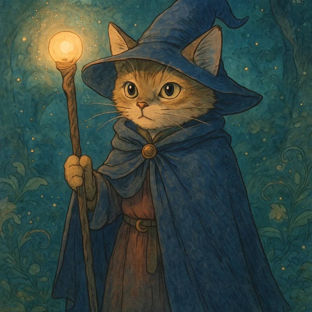 cat wizard, detailed, whimsical, soft colors, holding a glowing staff, ghibli style emoji