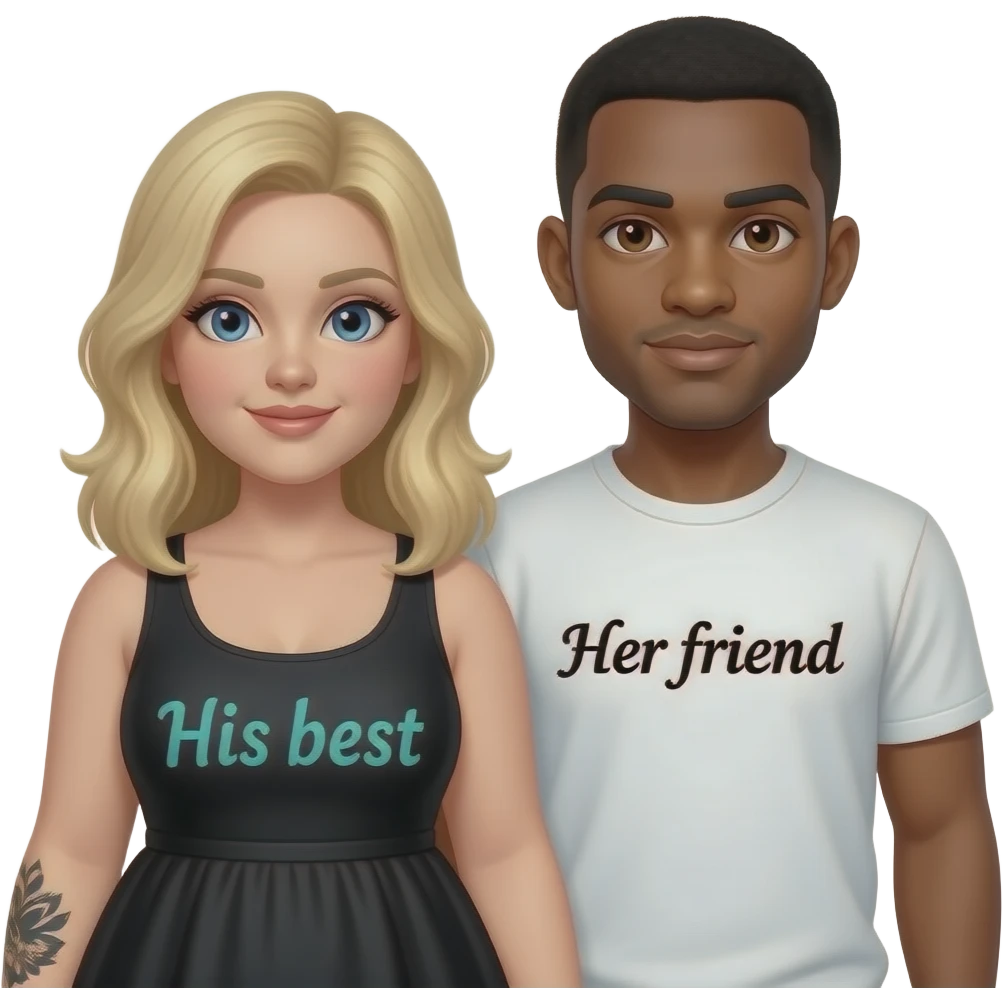Plus size Blonde girl with blue eyes with black tattoos on right lower arm wearing a black summer dress with saying “ His best” written in teal writing and African American man with black hair with brown eyes NO facial hair with saying “Her friend“ on his shirt emoji