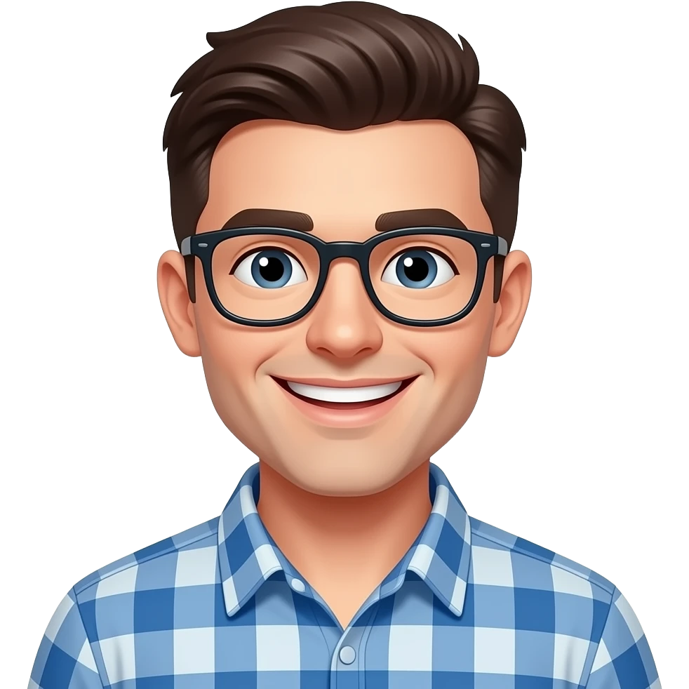 An emoji showing only the bust of a cheerful man in his early 20s wearing glasses and smiling emoji
