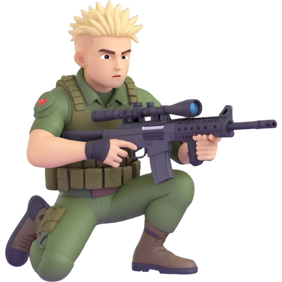 muscular soldier with spiky hair, aiming a sniper rifle, modern military outfit emoji