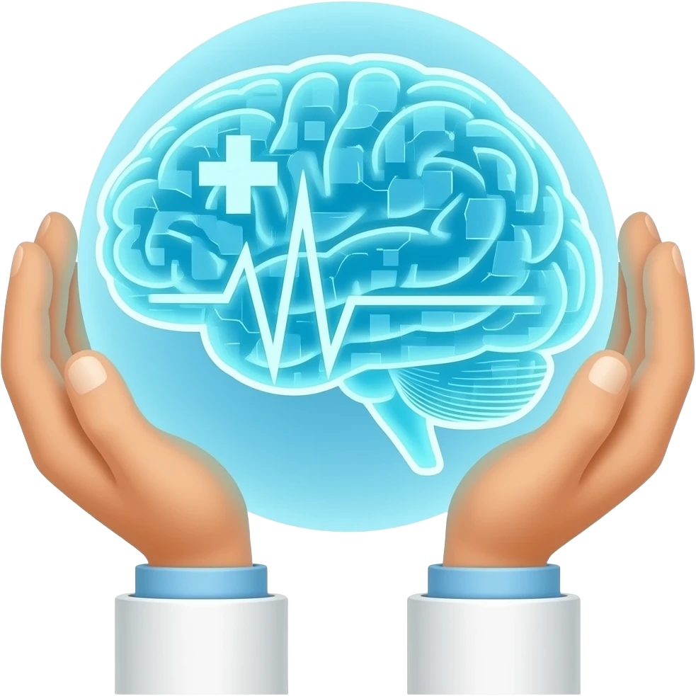 Minimalist flat icon of a glowing digital brain held by doctor's hands, medical cross and heartbeat symbols, AI in medicine concept, tech blue and white colors, vector art style, clean background. emoji