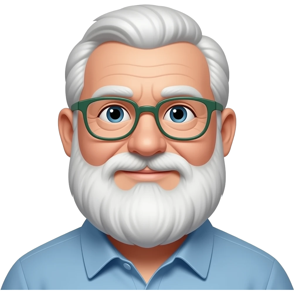 75 year old, white, 300 pound, man with a full white beard starting from bottom of ear lobe and thin framed glasses with green side arms emoji
