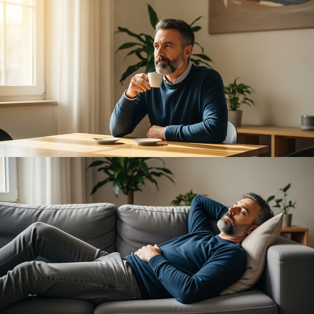 Uomo adulto in abiti casual in un ambiente domestico o ufficio tranquillo, mentre beve un caffè espresso con espressione consapevole. Subito dopo, si sdraia su un divano per un breve riposo di 20 minuti, occhi chiusi, posizione rilassata.  emoji