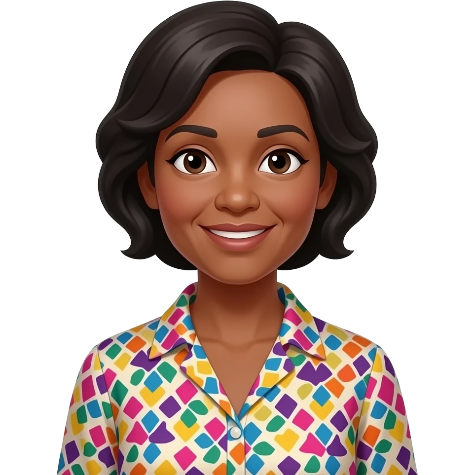 female, early 60s, round face, african decent, clourful blowse top in emoji