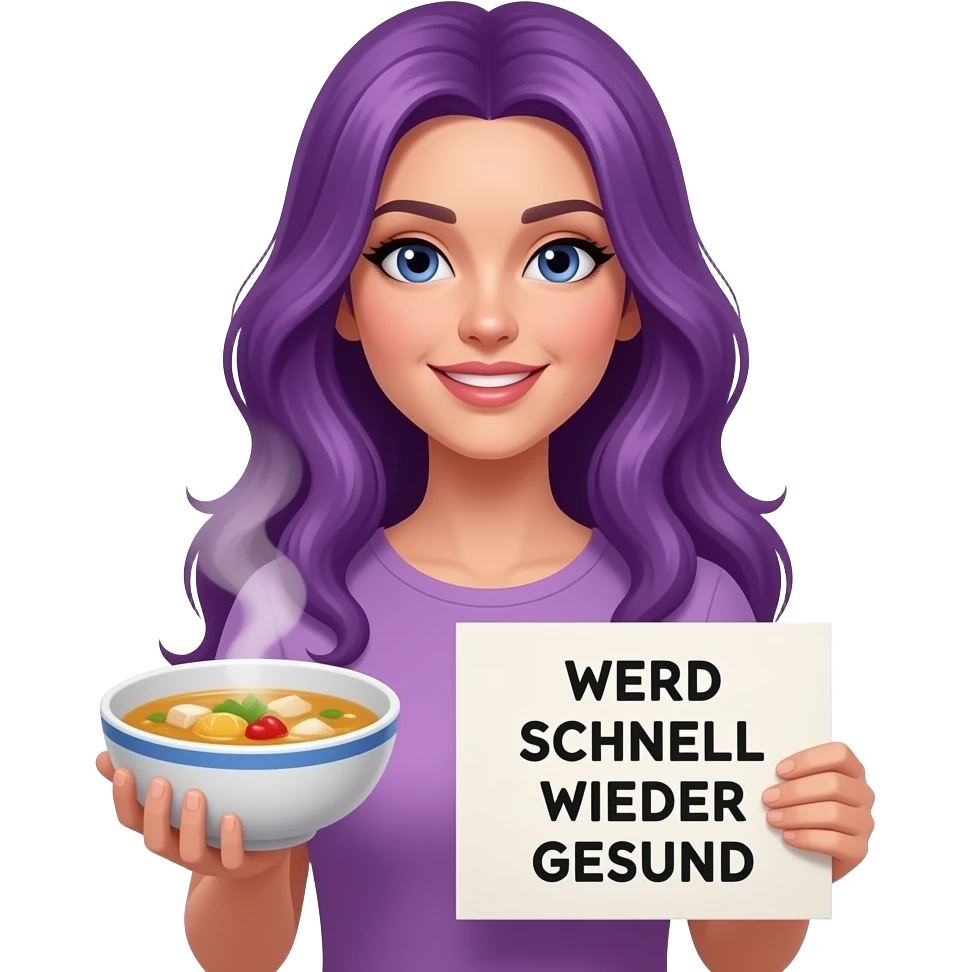 sexy girl with long purple hair holding a chicken soup and a WERD SCHNELL WIEDER GESUND sign emoji