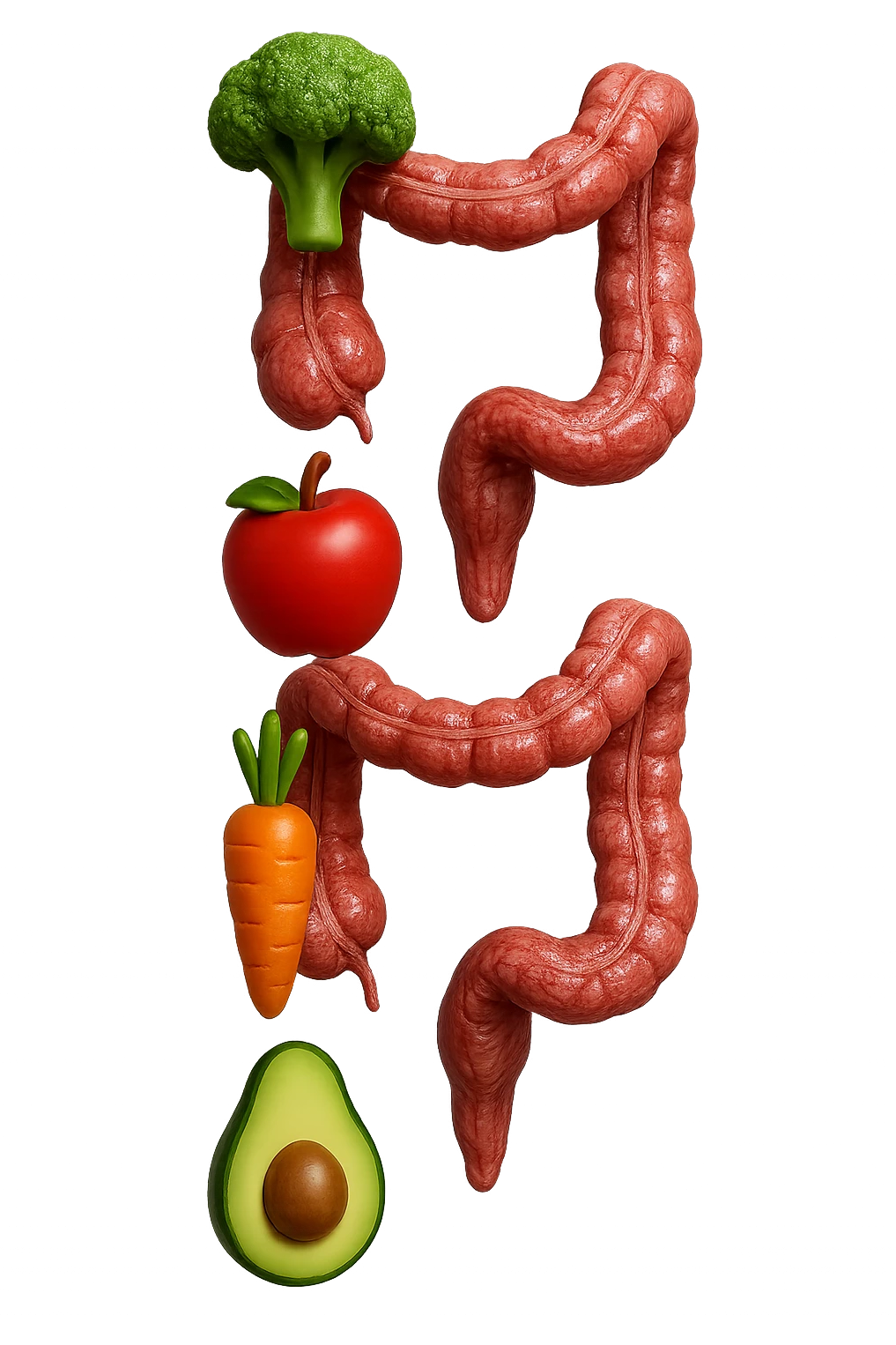 emoji stile iphone in 3d di cibo sano che fluttua in aria vericalmente insieme a pezzi di colon umano anatomico, iperrealistico 4k emoji