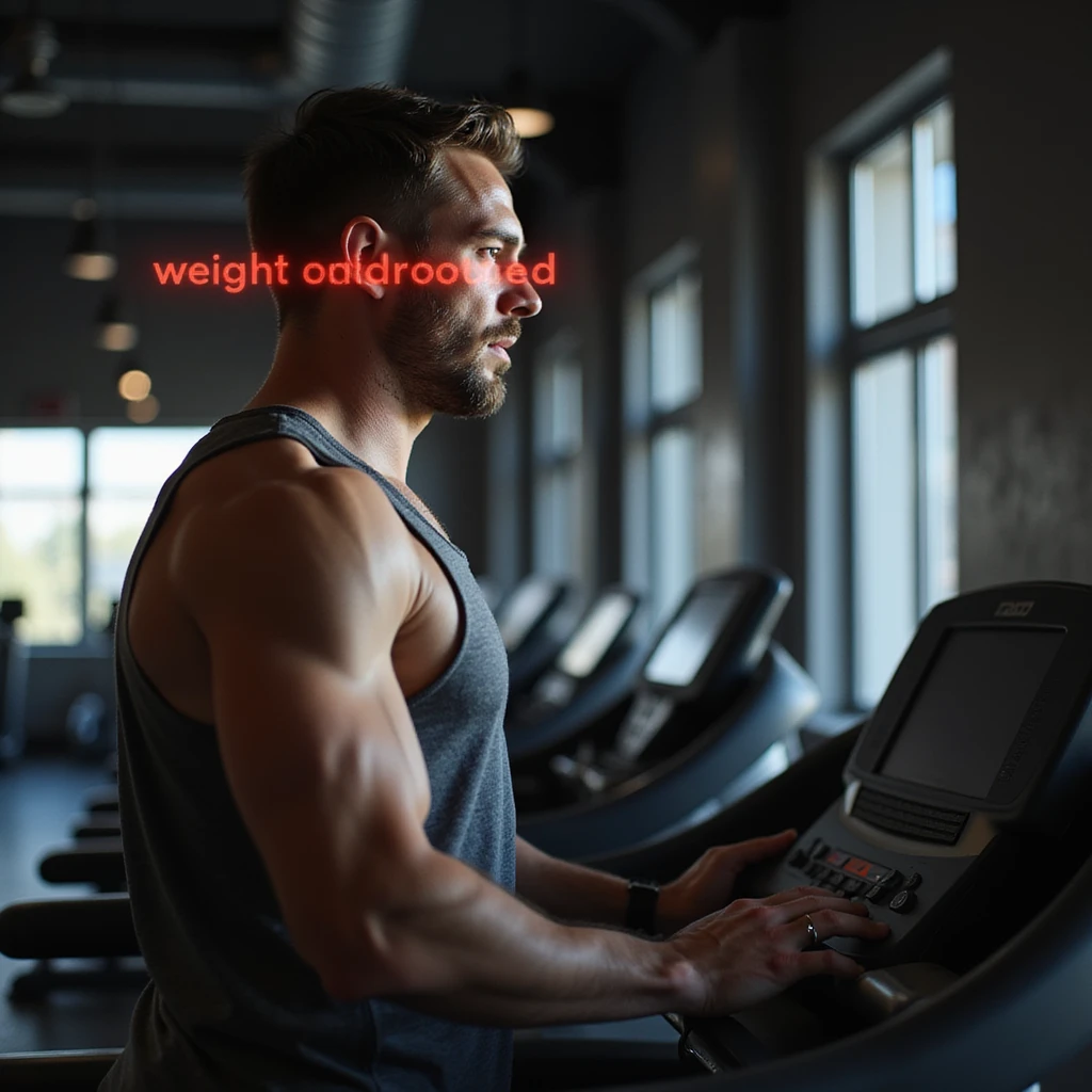 man training intensely on a treadmill with a digital red line above his head indicating 'Weight unchanged', gym environment, hyperrealistic details, 4K emoji