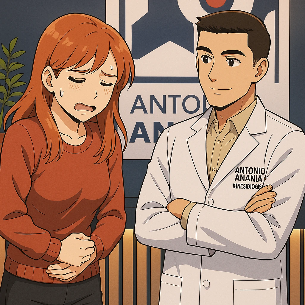 su questo stile fai un manga/webtoon a colori in cui una donna che parla esasperata dal suo problema, l'uomo della foto in stile manga gli risponde, mantieni un ambiente simile alla foto che ho allegato con il suo logo (sarebbe il suo studio, lui è un kinesiologo), scrivigli "ANTONIO ANANIA" sul camice bianco, non mettere fumetti, ma fai in modo che sembri che la donna chiede una cosa e l'uomo risponde alla sua domanda emoji