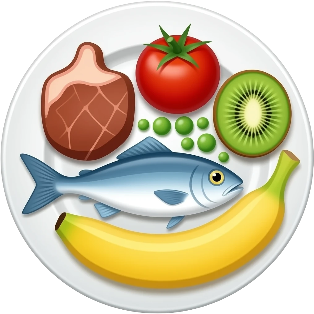 plate with meat fish tomato kiwi peas banana emoji