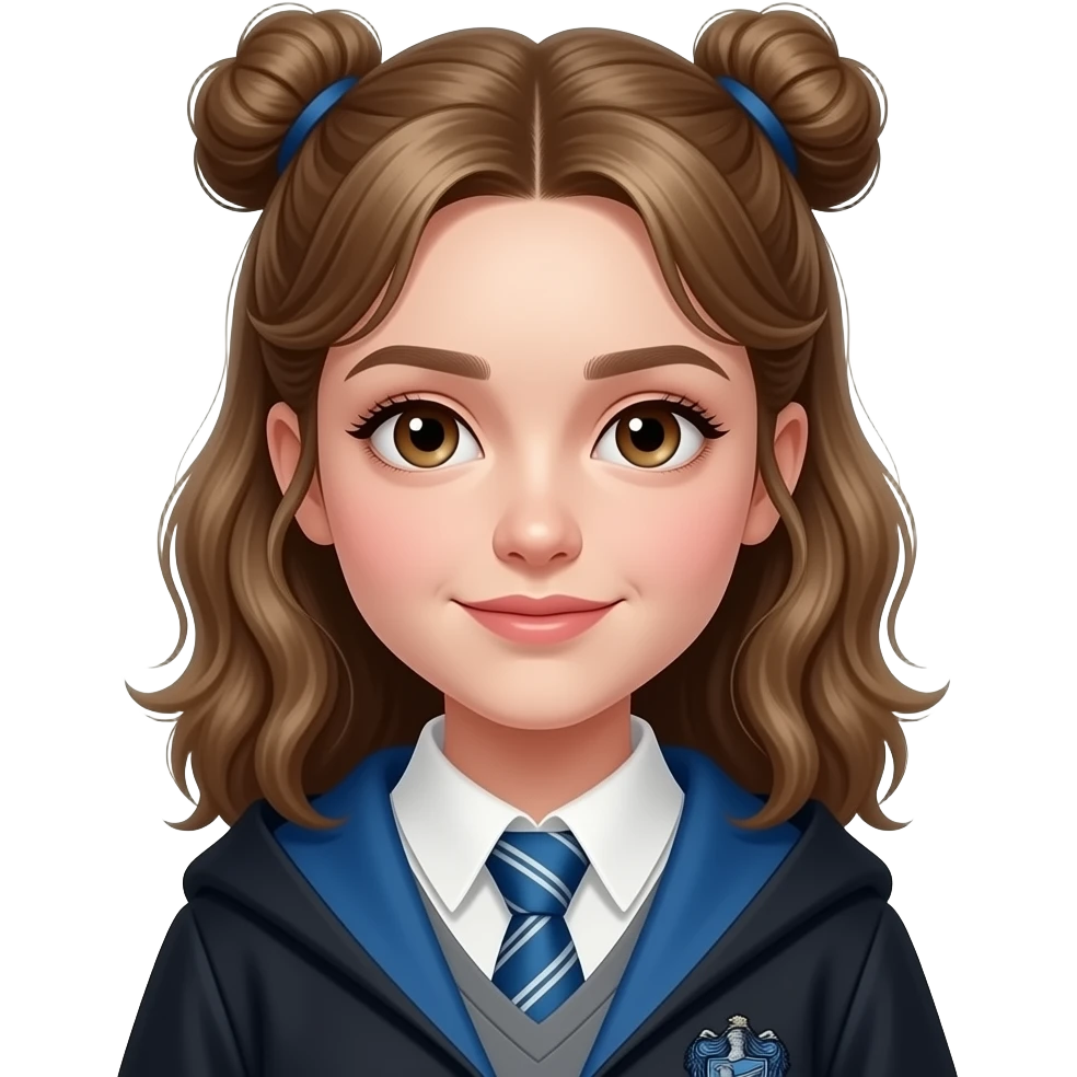 photorealistic A female student in Harry Potter, wearing a blue Ravenclaw robe, her dark-blonde hair are up in two braided buns with some hair framing her face in waves. she has brown eyes and one mole beside her mouth emoji