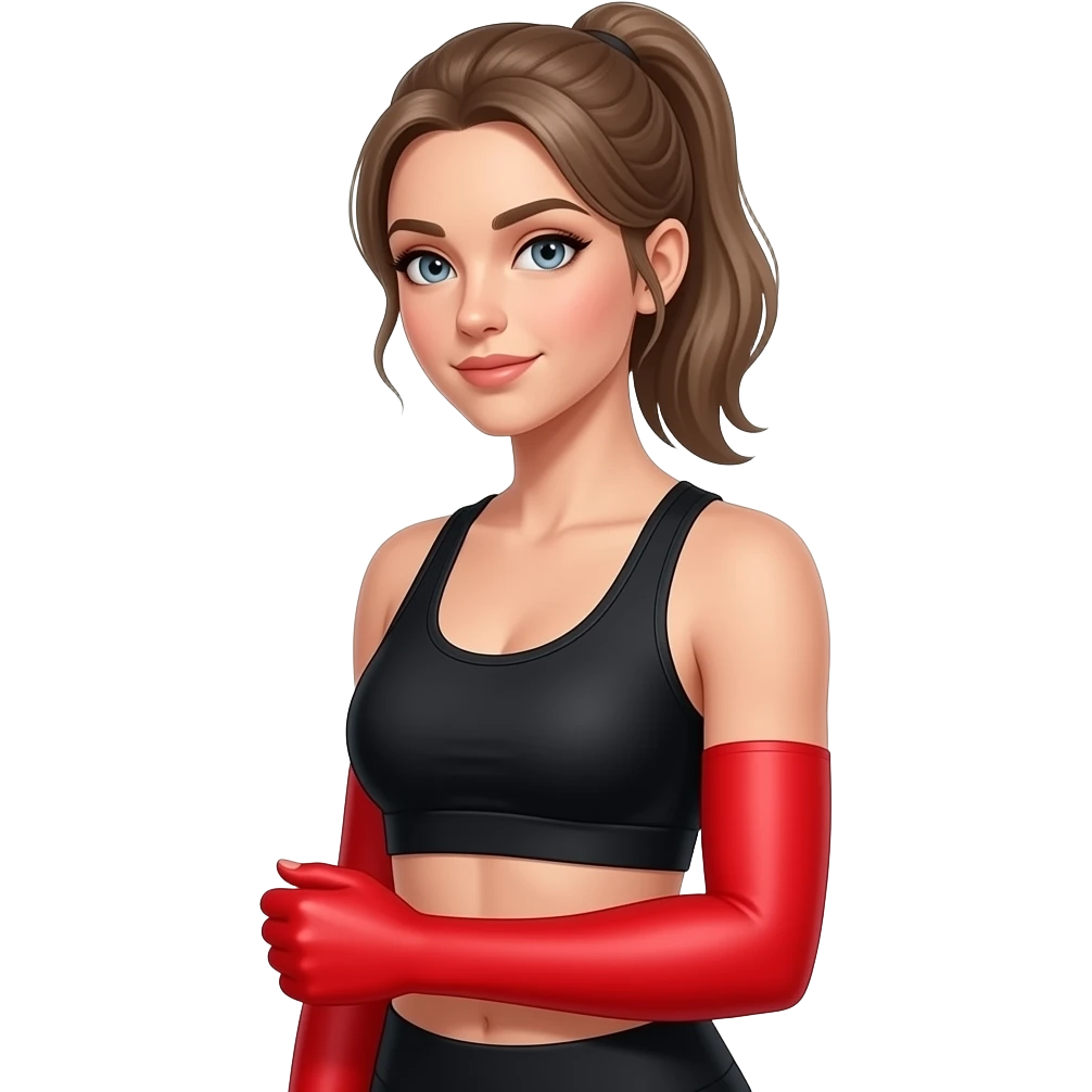 all arm pain, red glow on all arms, woman holding one arm, fair-skinned woman, gray-blue eyes, ash brown brows, ash light brown hair tied back, slim athletic body, black workout set, white background emoji