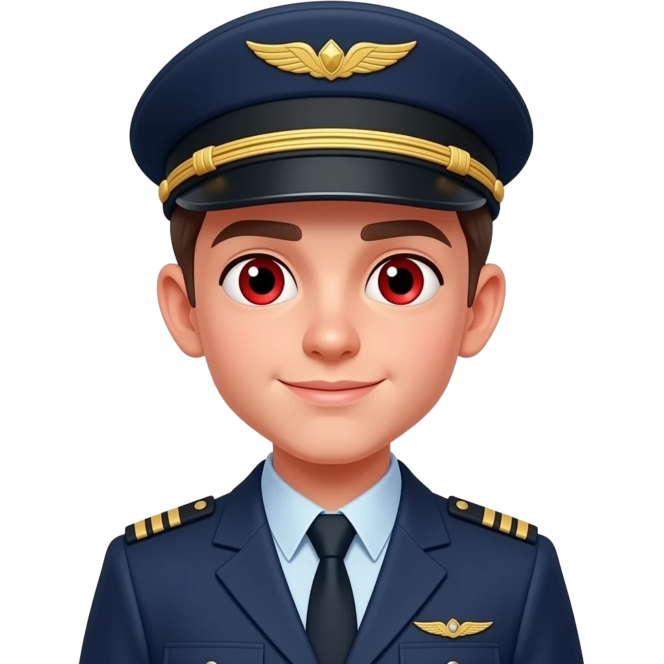 an 18-year-old boy with red eyes standing there wearing a pilot's hat and uniform emoji