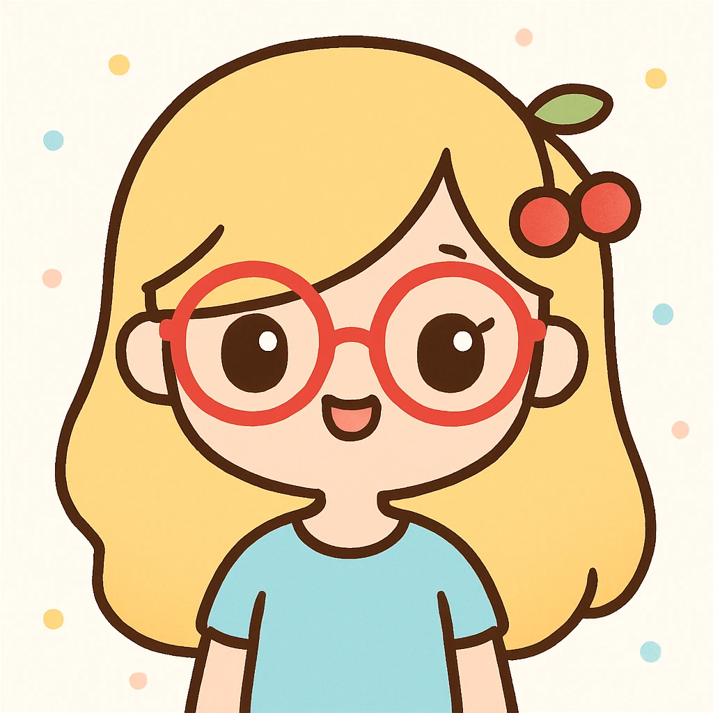 A woman with long blonde hair covering one eye, wearing a baby blue shirt, cherry hair accessories, and red glasses, cute cartoon style emoji