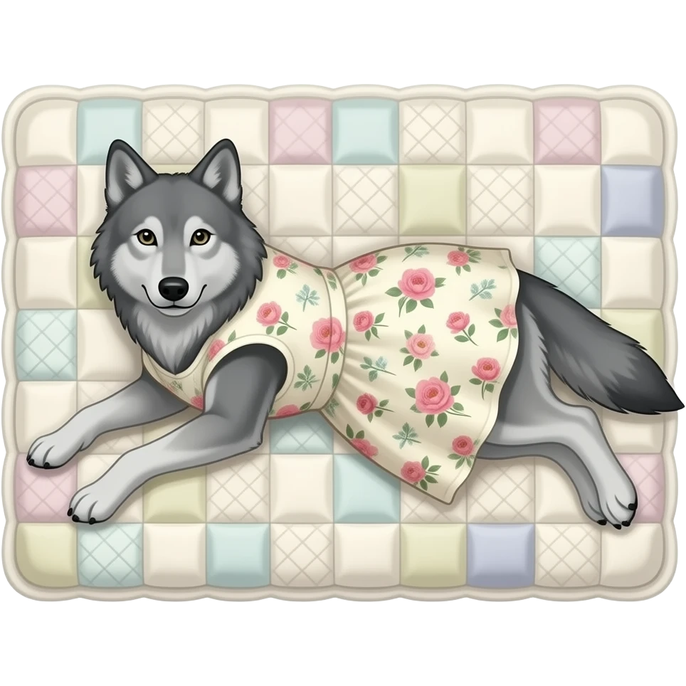lobo estirado en una cama con ropa de abuela emoji