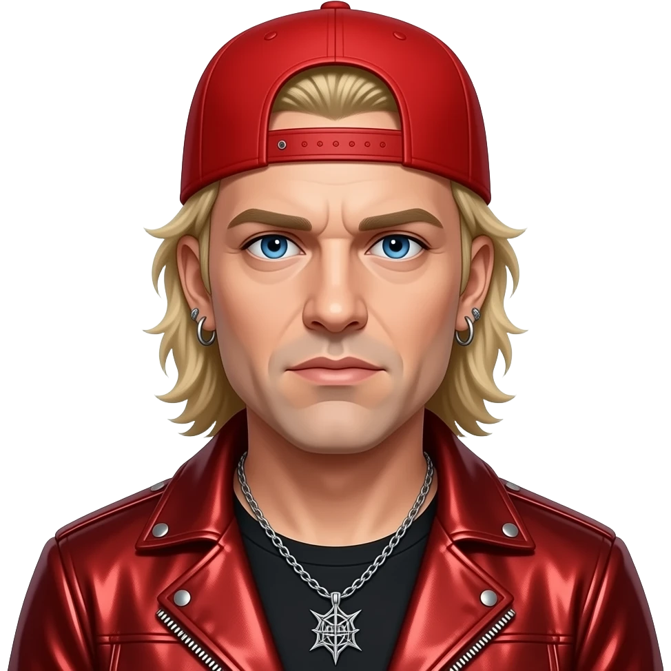 Fred Durst with blue eyes, long blonde buzz cut hair, red cap, red metallic nu-metal outfit, necklace and earrings emoji