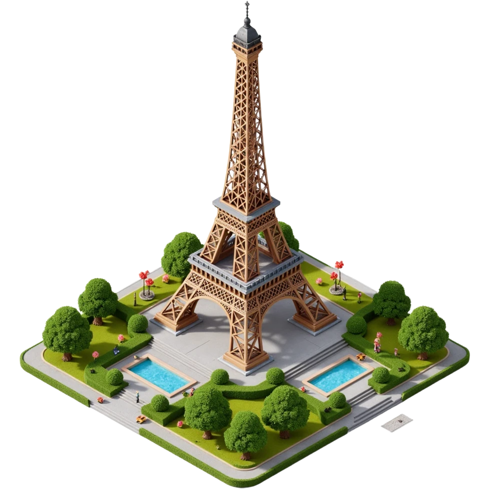 Isometric illustration of Paris, featuring the photorealistic Eiffel Tower surrounded by small Parisian buildings and trees, highly detailed in semi-realistic style emoji