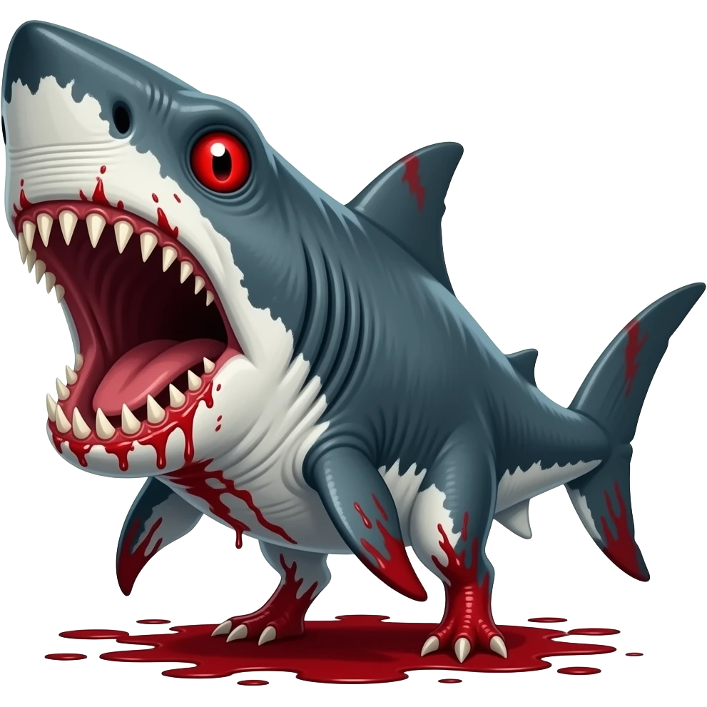 Horror looking megladon with red eyes and big  and blood on it with red colored legs and red megladon  covered with blood with white eyes emoji