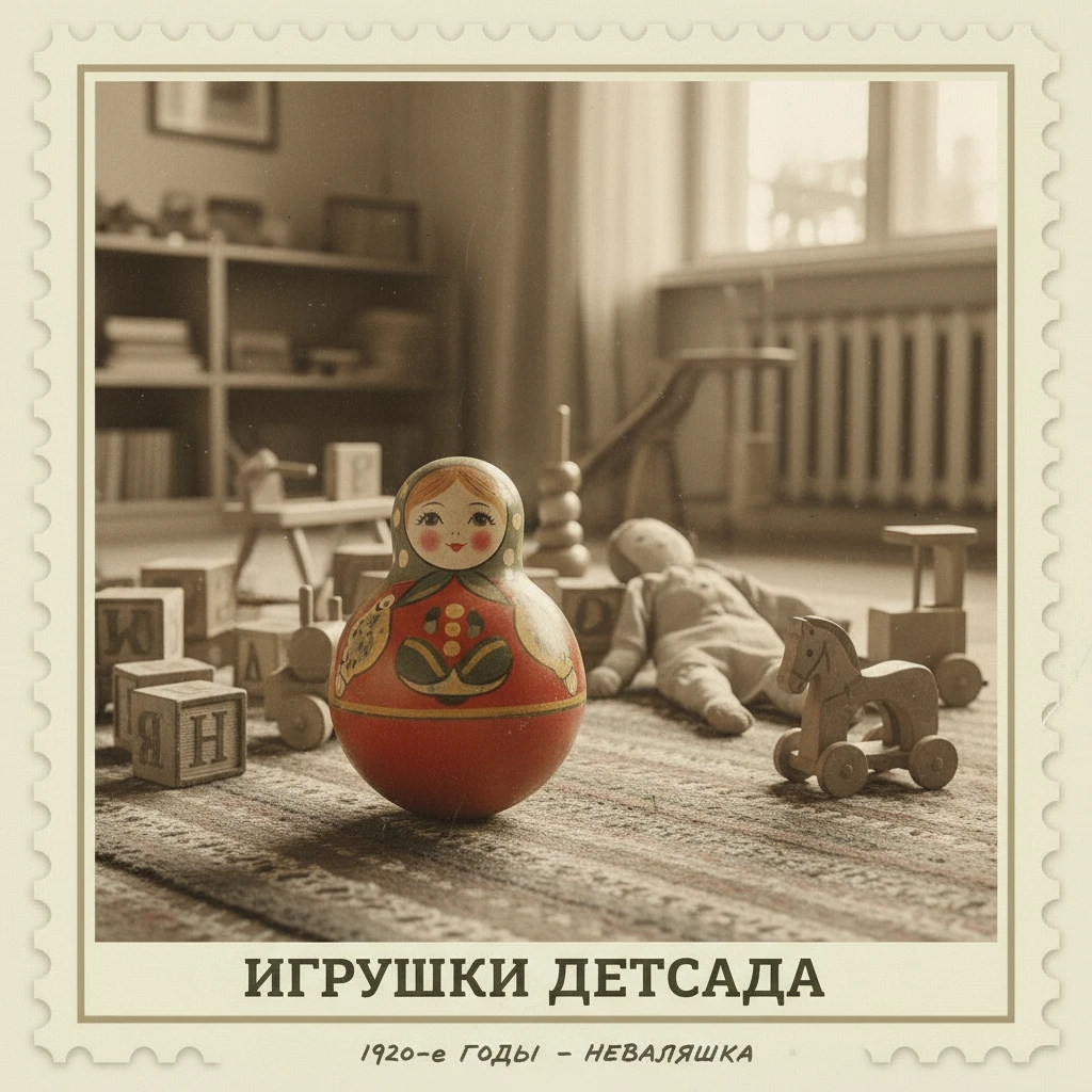 Сделай марку на которой изображены игрушки детского сада, на первом плане - неваляшка 1920-х годов

Стиль марки такой же, как на прикрепленном фото emoji
