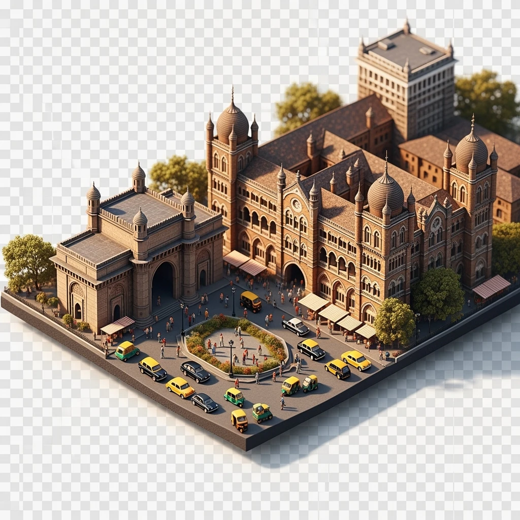 Isometric miniature of Mumbai, 3D miniature effect and Tilt Shift effect, no cartoonish look, transparent background. emoji