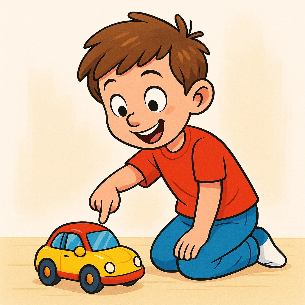 a boy pointing down at his toy, clear and expressive style emoji